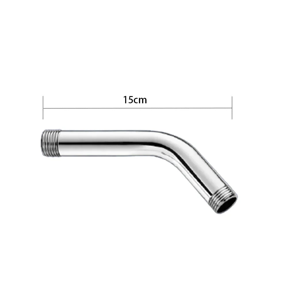 A silver stainless steel shower arm extension with a curved design, shown against a white background.