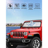 A red Jeep Wrangler with a folded windshield sunshade installed, showing various protection features.