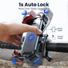 A hand is demonstrating the one-step auto lock feature of a universal 360° bike phone mount for securing a device.