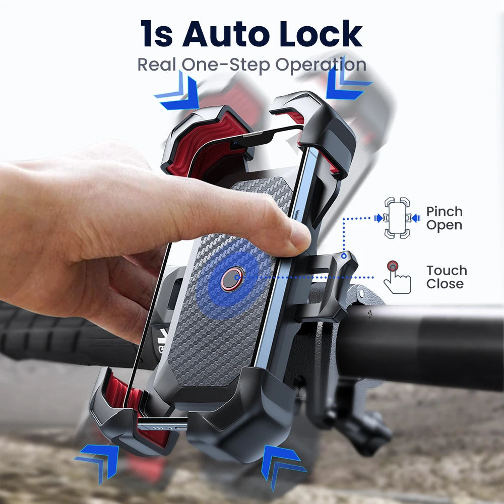 A hand is demonstrating the one-step auto lock feature of a universal 360° bike phone mount for securing a device.