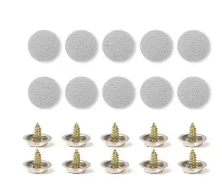 A set of universal auto headliner repair fasteners, silver-colored, round, and textured.