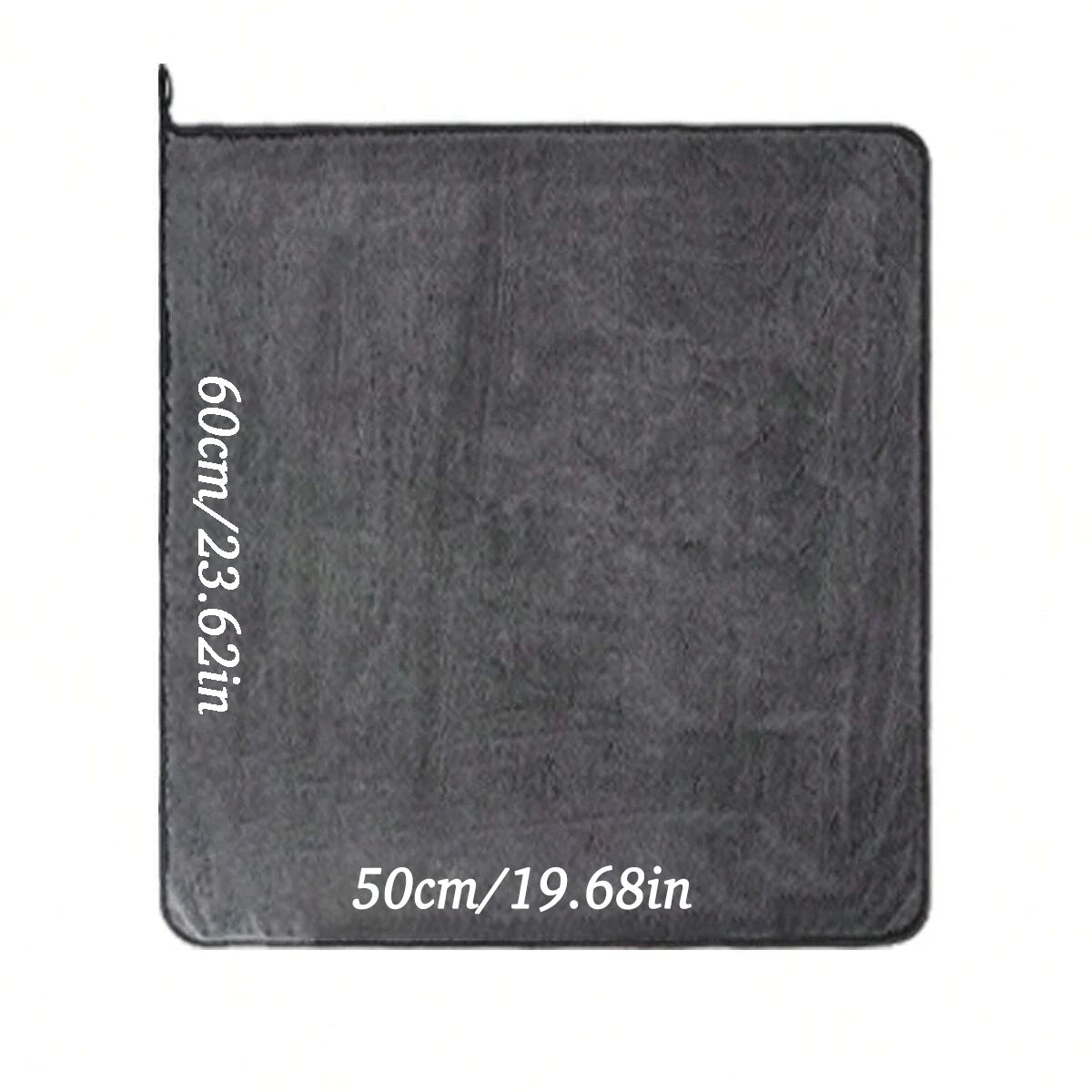 A dark gray microfiber car drying towel with dimensions 60cm/23.62in and 50cm/19.68in.