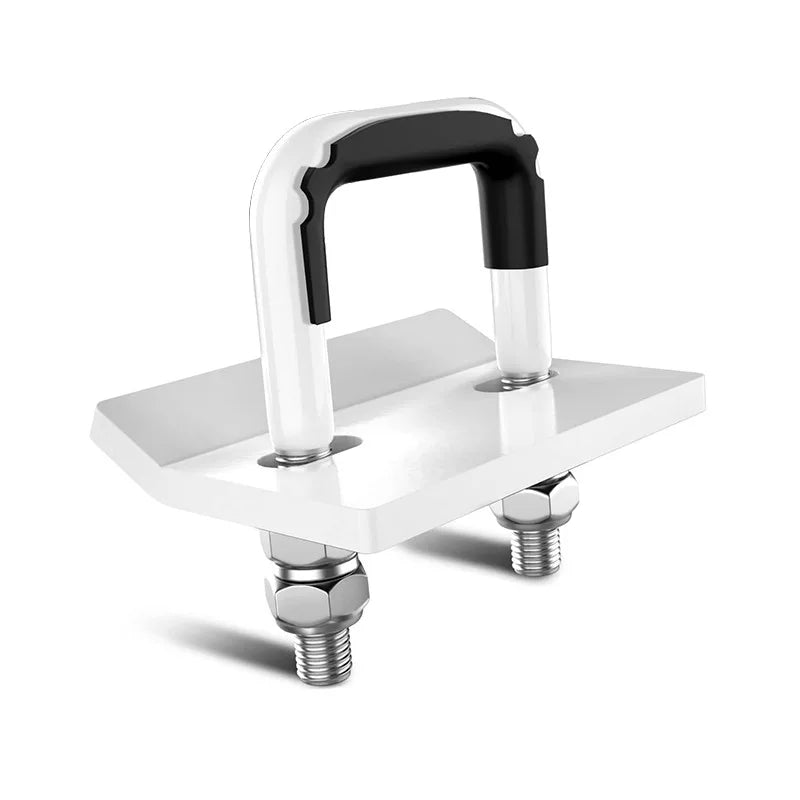 A heavy duty trailer anti-rattle stabilizer lock with a black and white handle and mounting plate.