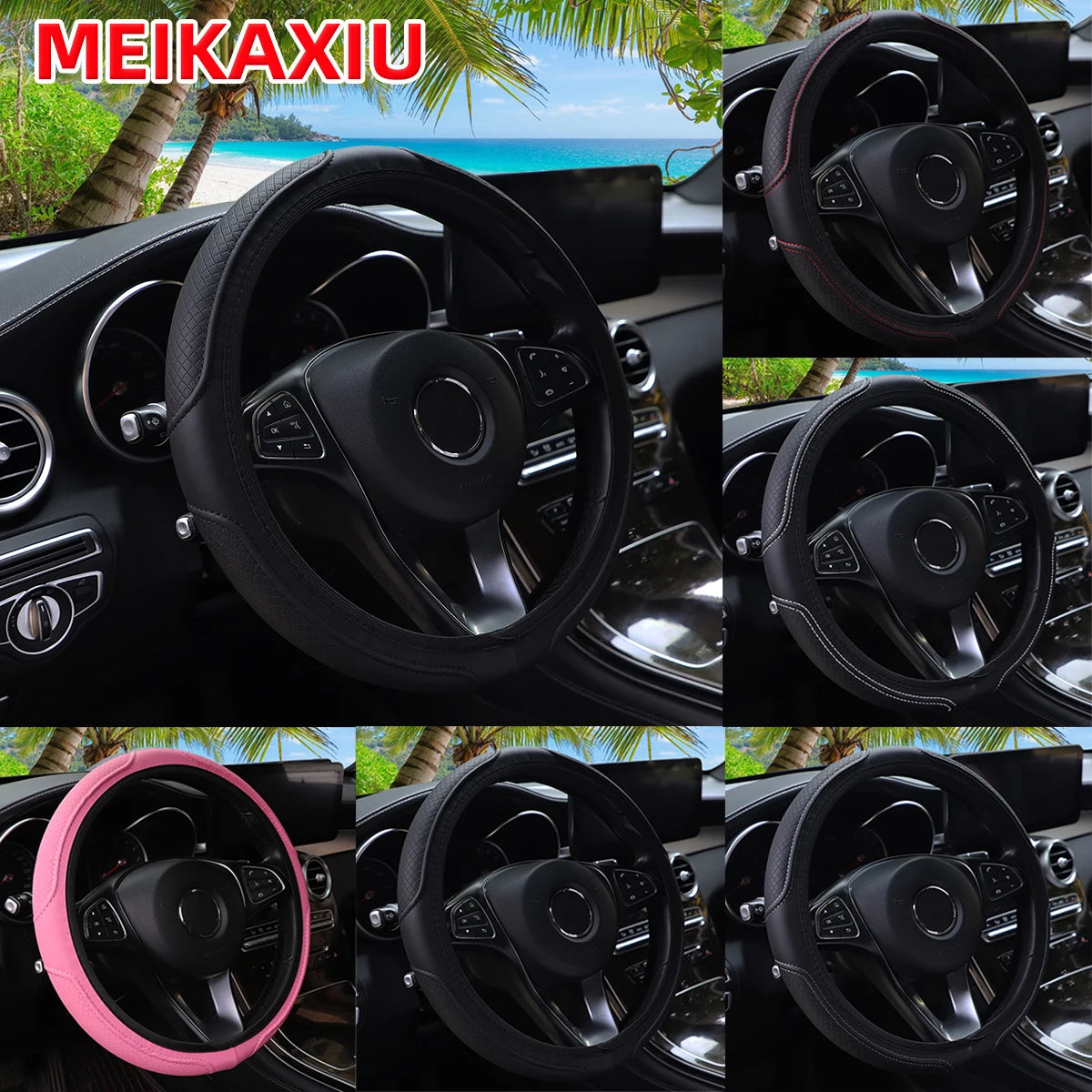 Black steering wheel cover with pink accents and embossed PU leather texture shown in a car interior context.