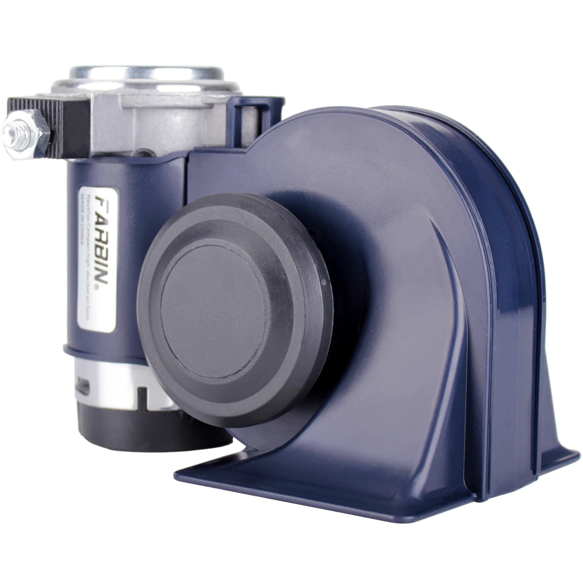A blue car horn with a silver mounting bracket and a dark gray horn cone.