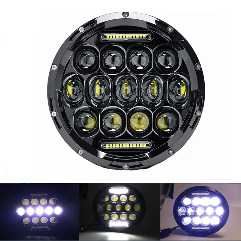 A close-up view of a 7 inch motorcycle LED headlight assembly with multiple projector lenses.