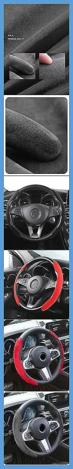 Close-up view of a black suede car steering wheel cover in various angles and textures.
