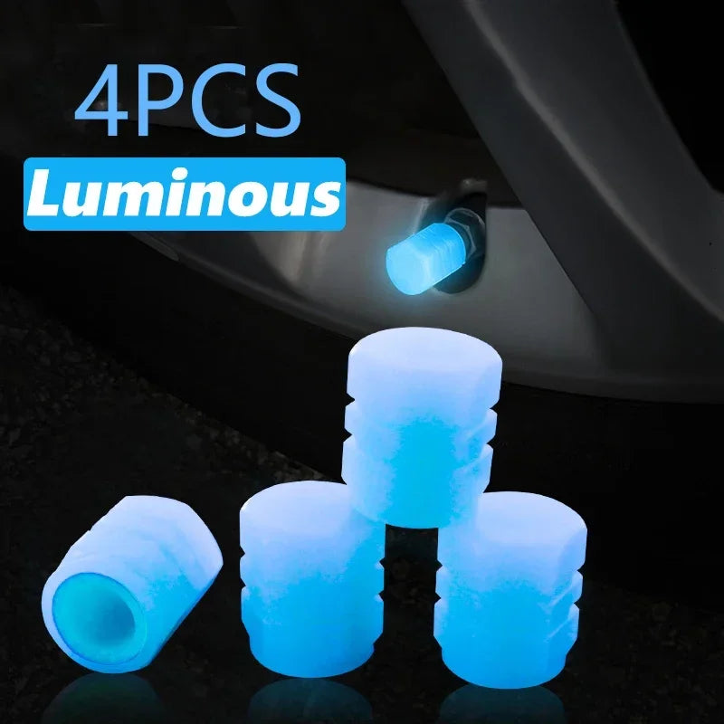 Quatre bouchons de valve bleus lumineux sont présentés sur un fond sombre.