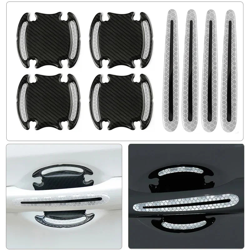 A set of black and silver reflective door handle protector strips for automotive use.