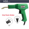 A green plastic welding gun labeled H50 with a nozzle and power cord, shown next to EU and US plugs.