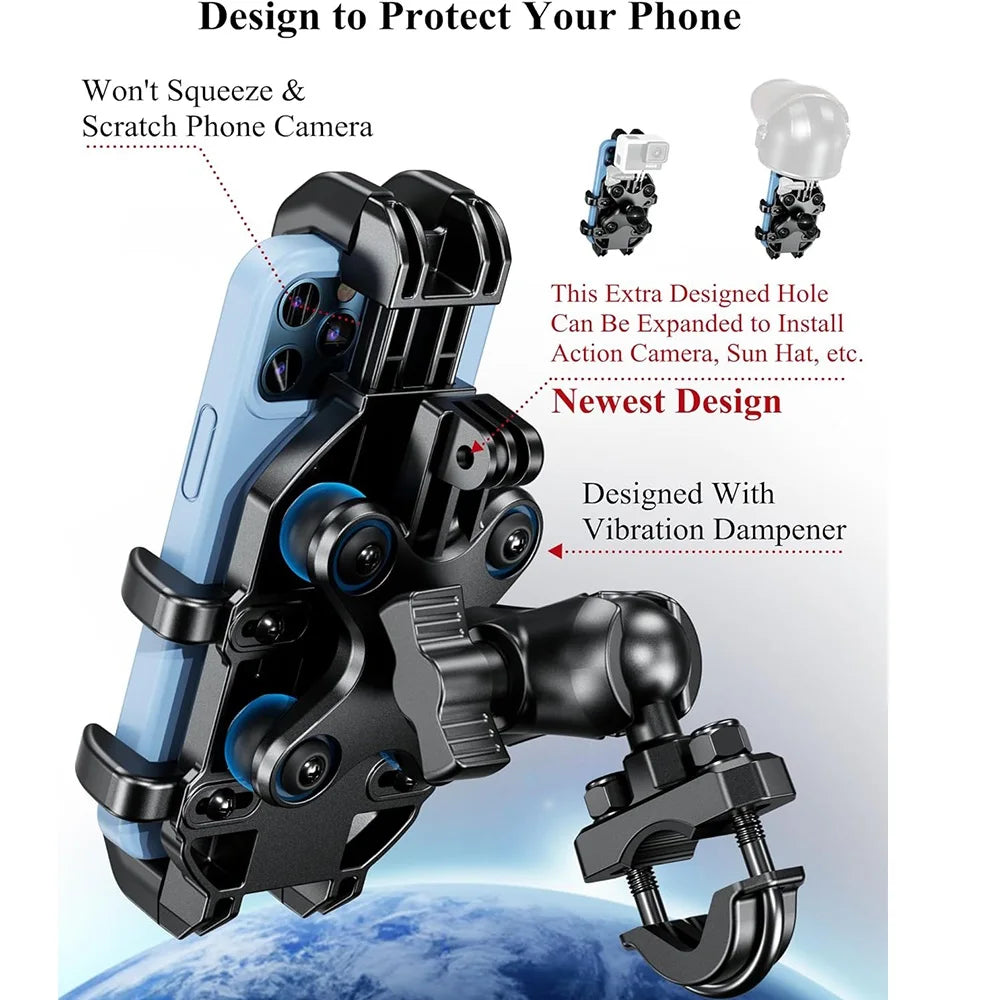 A heavy-duty motorcycle phone mount with a fork stem base shown in black and blue.