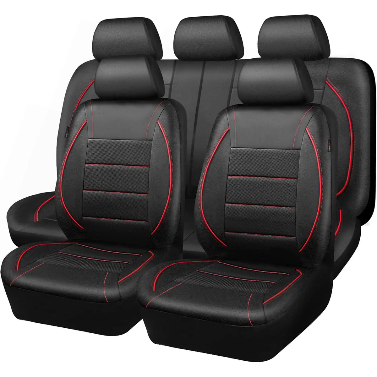 Black universal leather car seat covers with headrests and seat cushions.