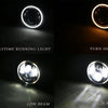 Four views of a 7 inch motorcycle LED headlight showing daytime running light, turn signal, low beam, and high beam functions