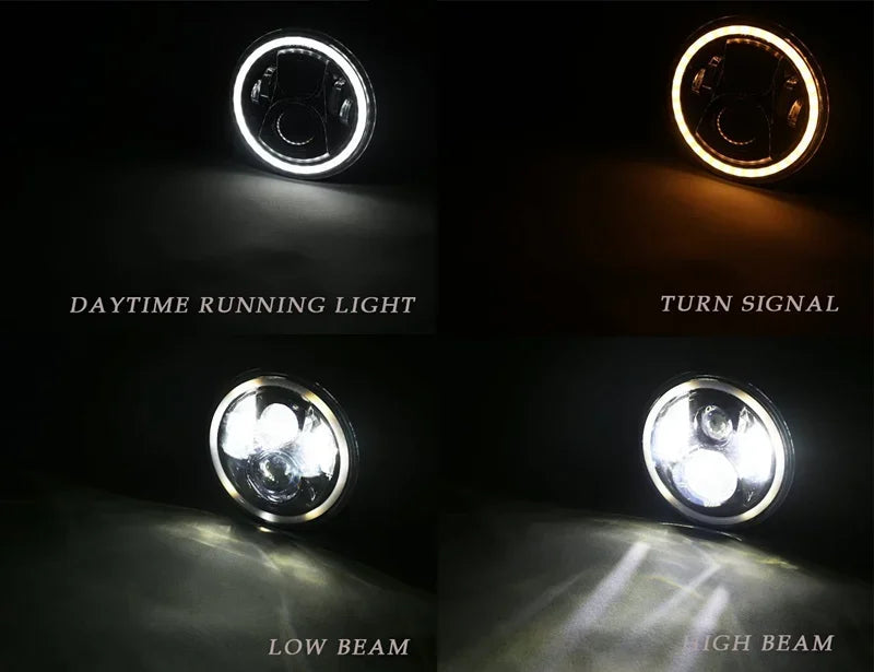 Four views of a 7 inch motorcycle LED headlight showing daytime running light, turn signal, low beam, and high beam functions