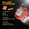 A close-up view of a bright red LED illumination light bulb and related components for automotive use.
