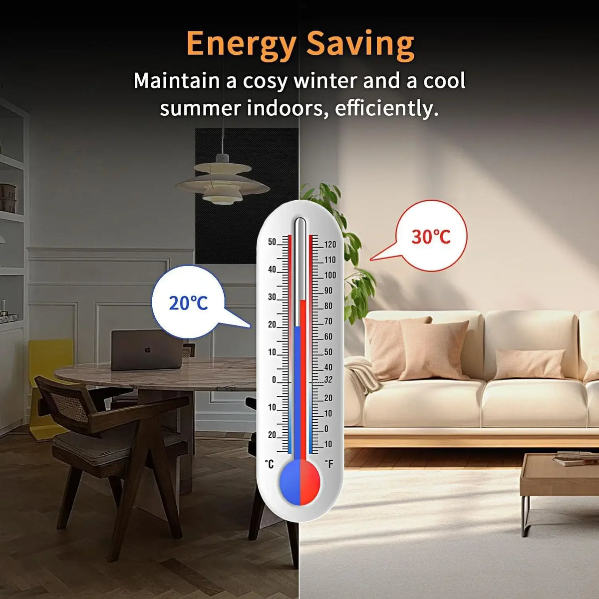 A digital thermometer showing temperature settings for energy saving in a living room.