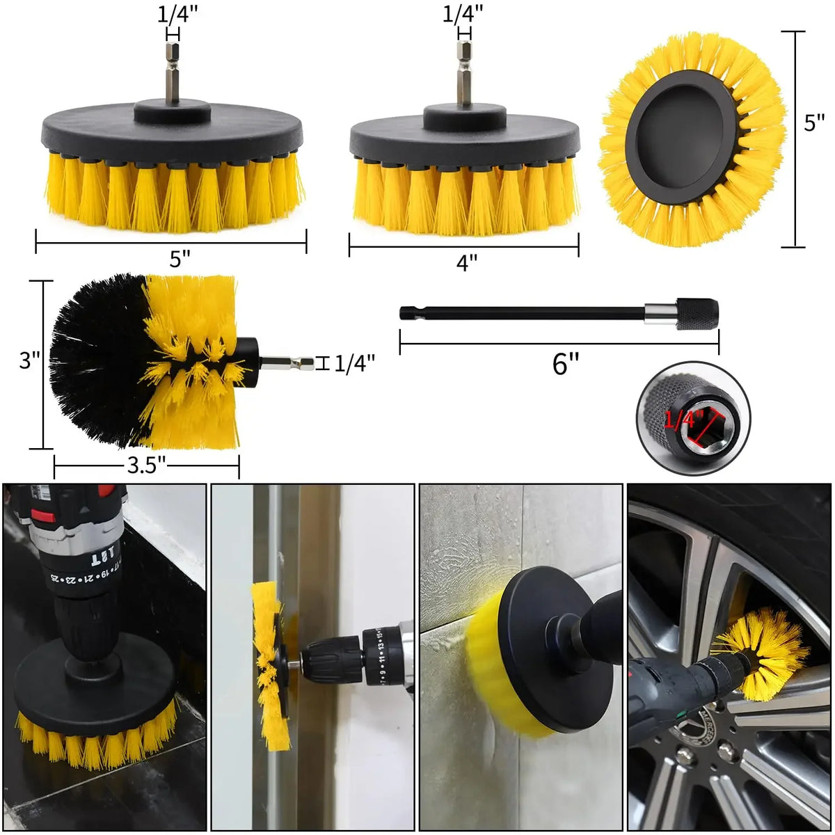 A set of yellow and black cleaning brushes, including flat and round heads, for various surfaces.