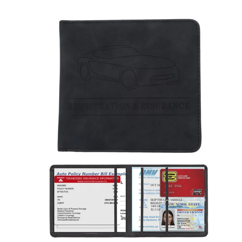 Black leather card holder wallet with a silhouette of a car and text for registration and insurance