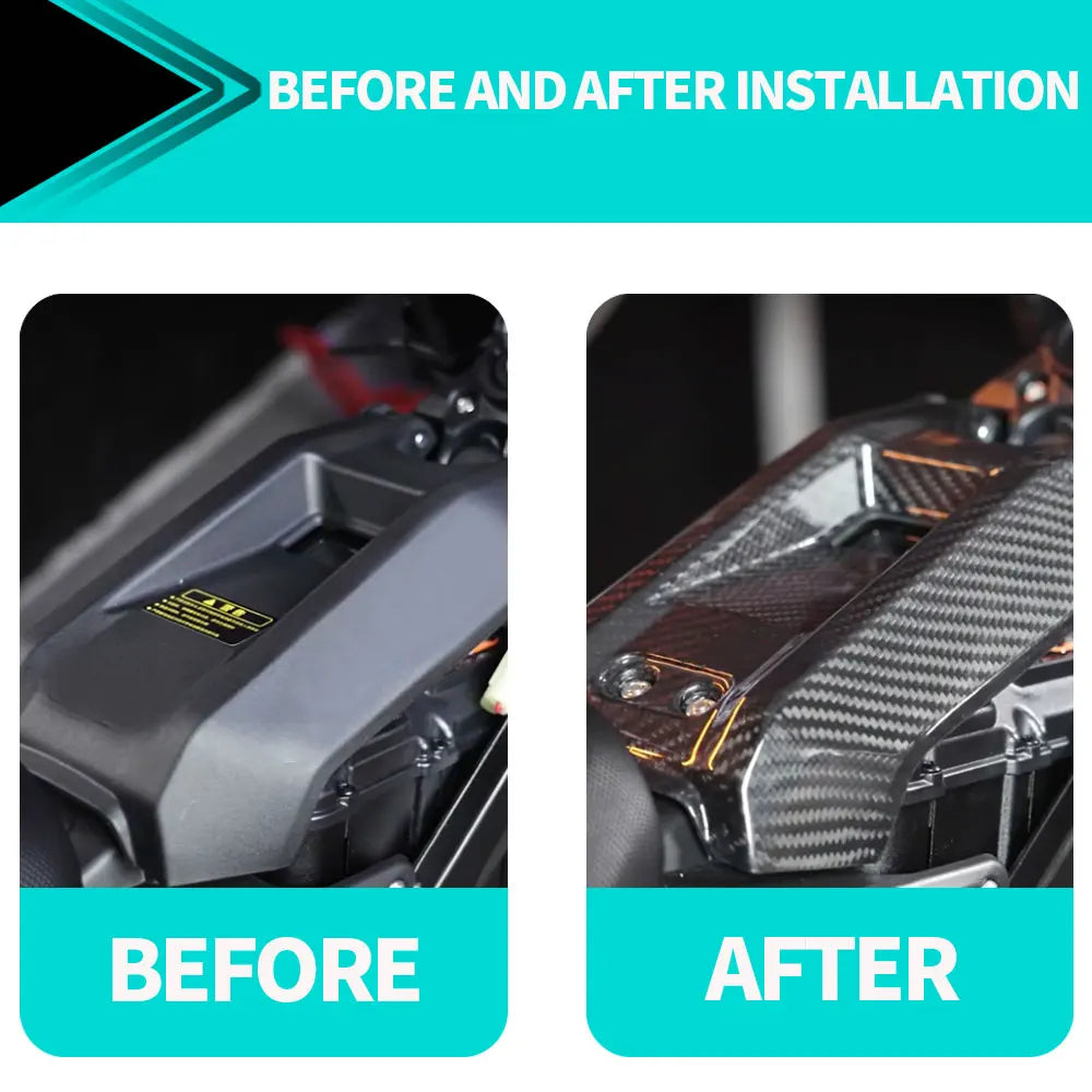 Comparación antes y después de instalación de la cubierta del compartimento de la batería de una motocicleta de fibra de carb