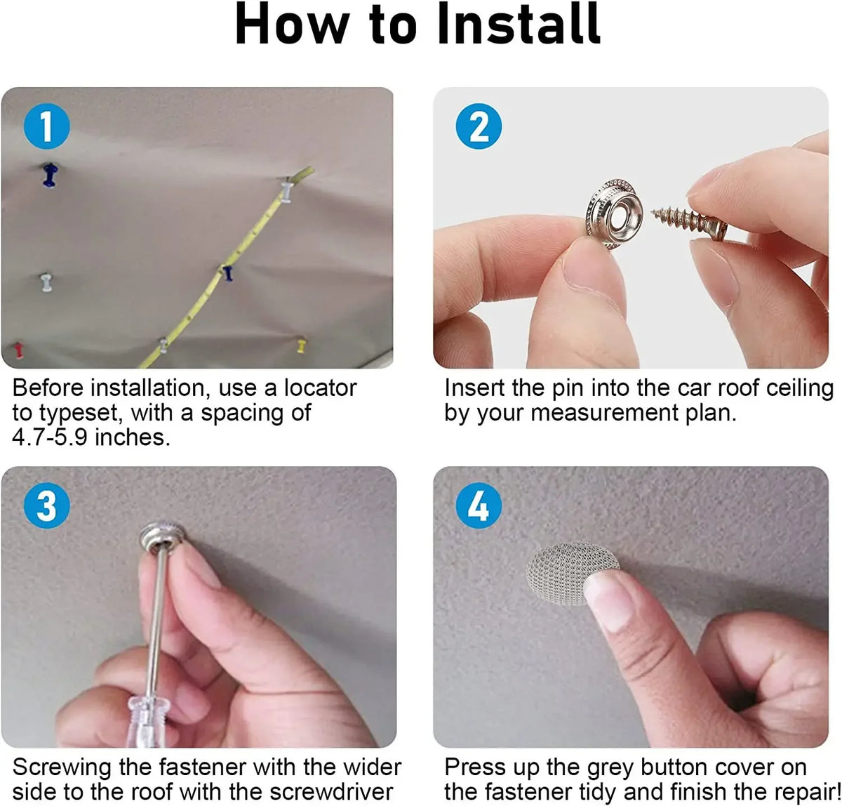 Instructions for installing car roof interior trim clips using a locator and fastener.