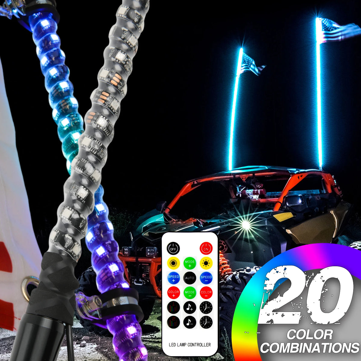 A 3FT RGB LED whip light is shown illuminating an off-road vehicle with a flag in the background.