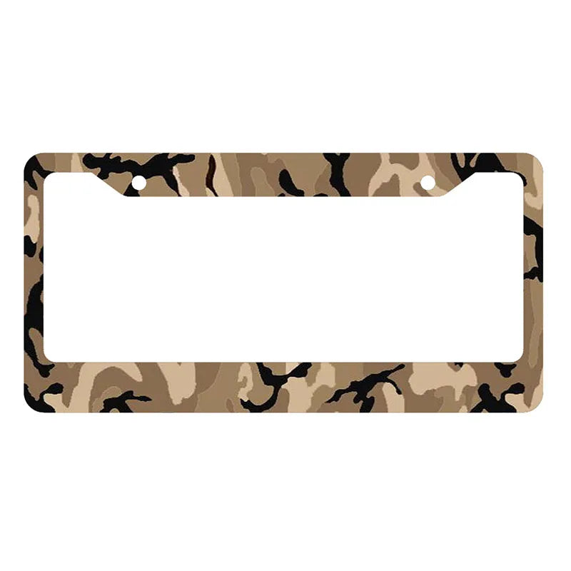 A rectangular license plate cover featuring a camouflage pattern.