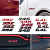 Close-up view of 3D metal car fender side and trunk decals in red and black on a vehicle body.