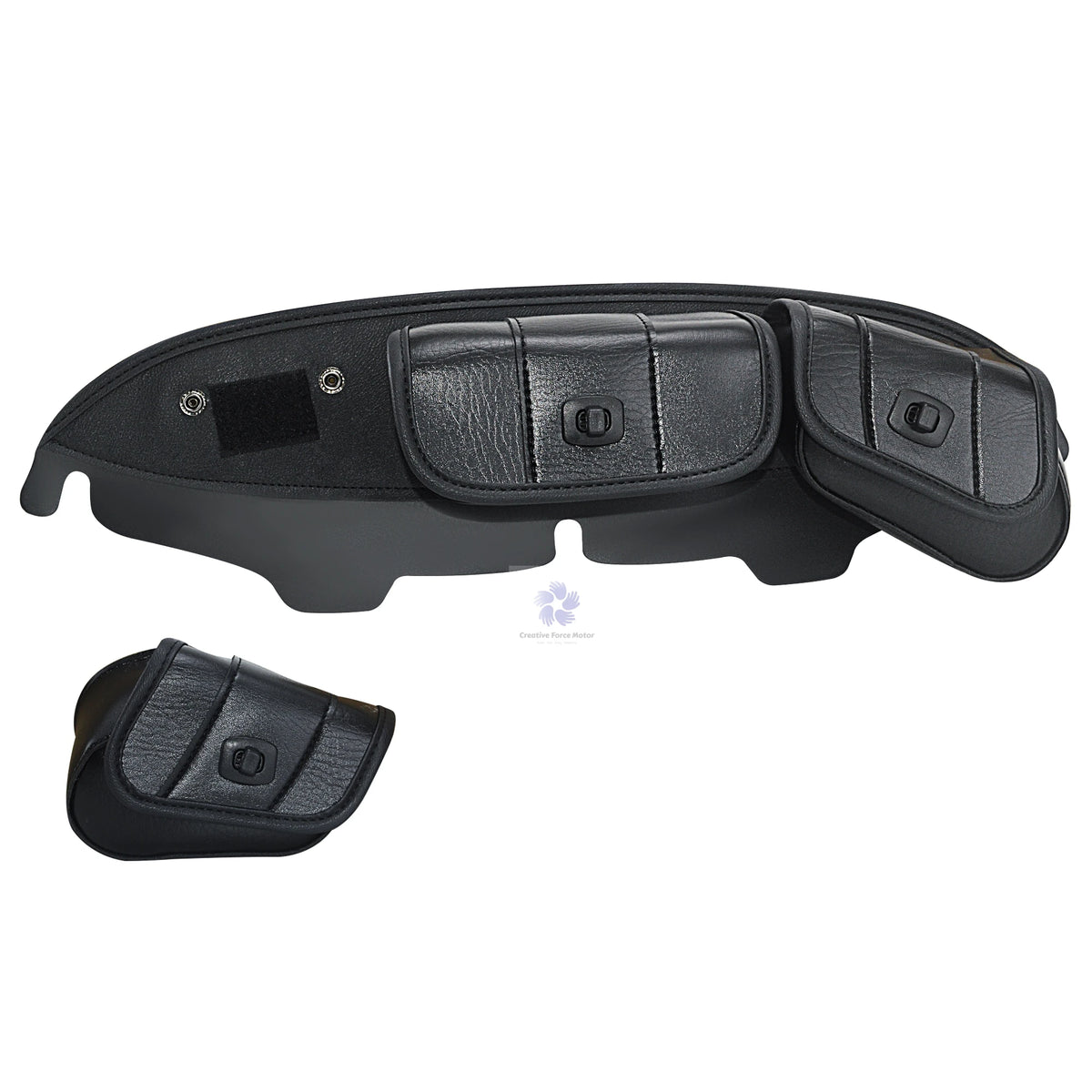 Black leather storage bag designed for motorcycle windshield fairing
