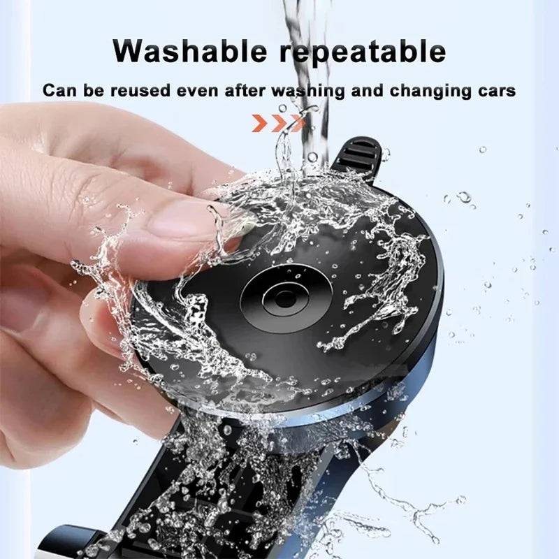 A hand is shown using a washable and repeatable car phone mount with an extension rod, demonstrating its durability.