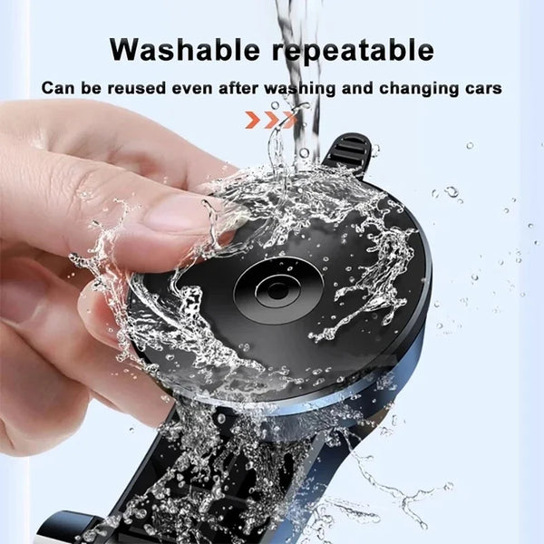 A hand is shown using a washable and repeatable car phone mount with an extension rod, demonstrating its durability.