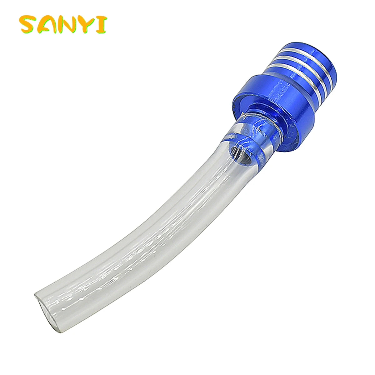 A clear silicone fuel vent breather hose with a blue threaded fitting for motorcycle use