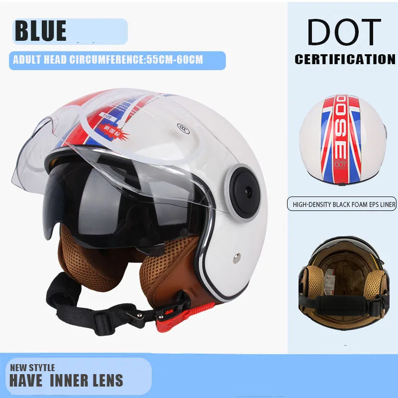 Weißer Motorradhelm mit klarem Innenlinsen und schwarzem Visier, mit DOT-Zertifizierungsmarkierungen.