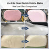 Comparison of a product used to clean electric vehicle stains, showing before and after results on various surfaces.