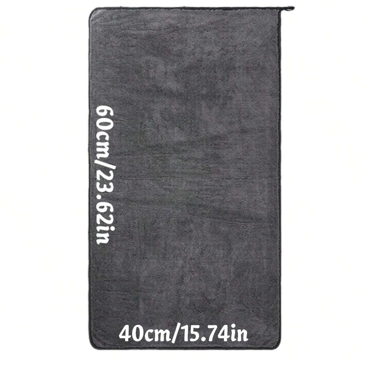 A dark gray microfiber car drying towel with dimensions listed in centimeters and inches.