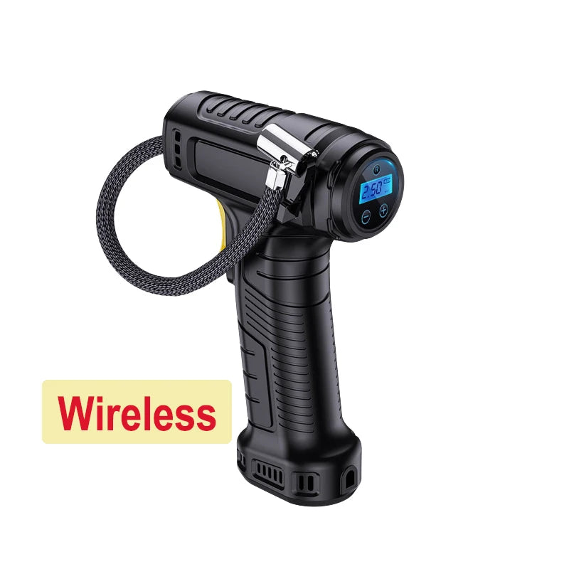A black portable digital tire air pump with a flexible hose and a display showing 2.50 PSI.