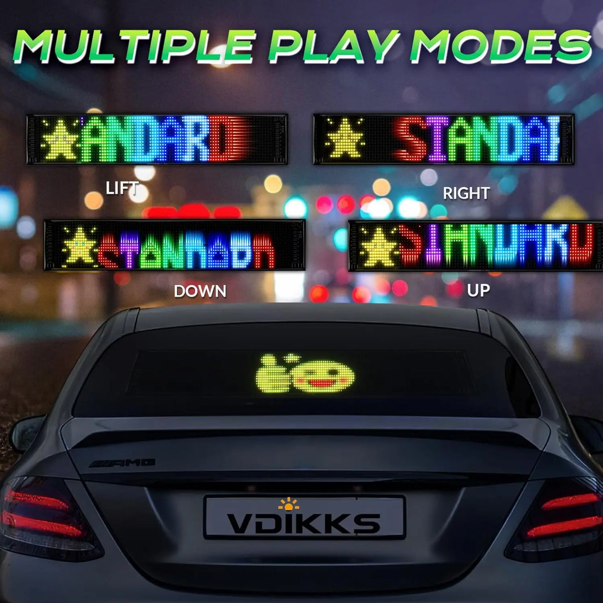 Multiple play modes of dynamic RGB LED matrix lights displayed on a car's trunk.