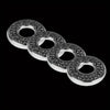 A set of six round, clear gemstone door lock pin trim pieces arranged in a line against a black background.