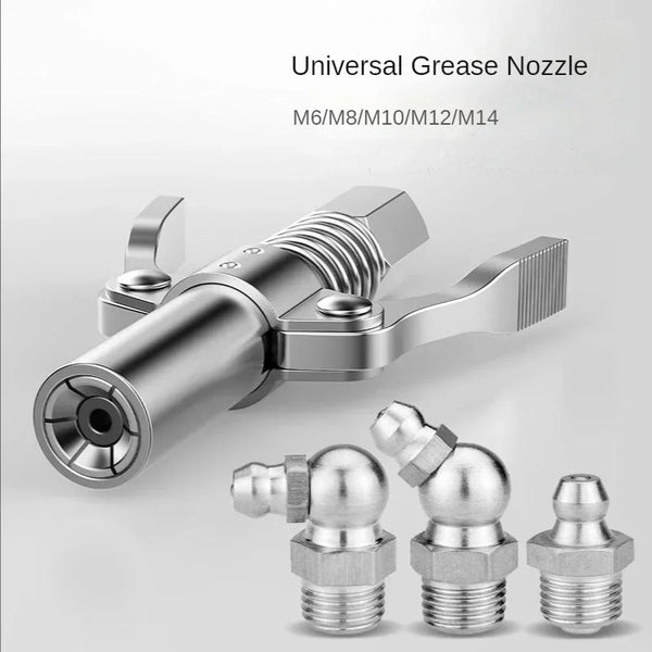 A silver universal grease nozzle tool with various M6/M8/M10/M12/M14 tips shown.