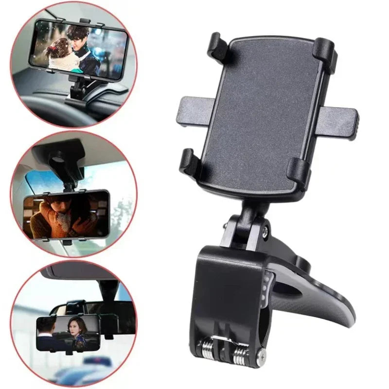 A black 360 degree rotation car dashboard phone mount with multiple mounting options shown in detail.