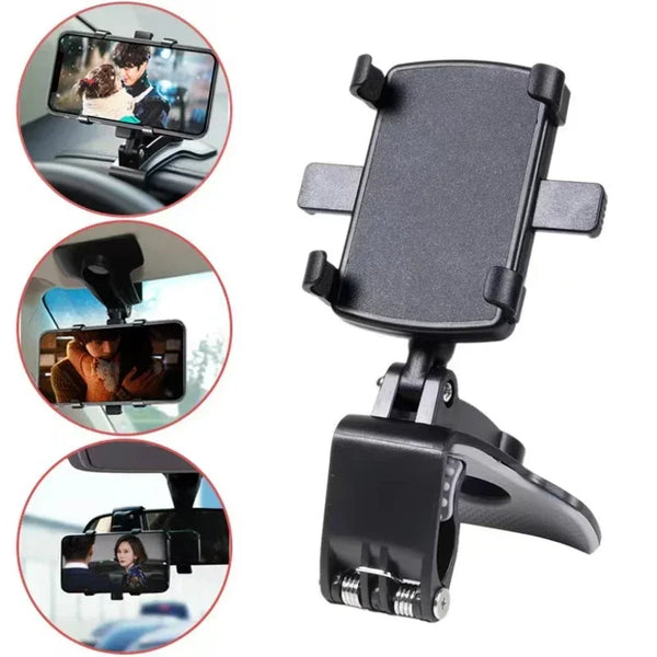 A black 360 degree rotation car dashboard phone mount with multiple mounting options shown in detail.