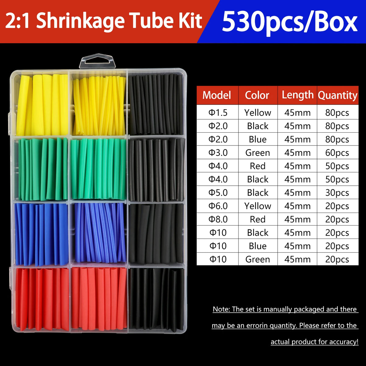 A box of 530 pieces of 2:1 shrinkage tubing kit with various colors including yellow, black, blue, green, and red.
