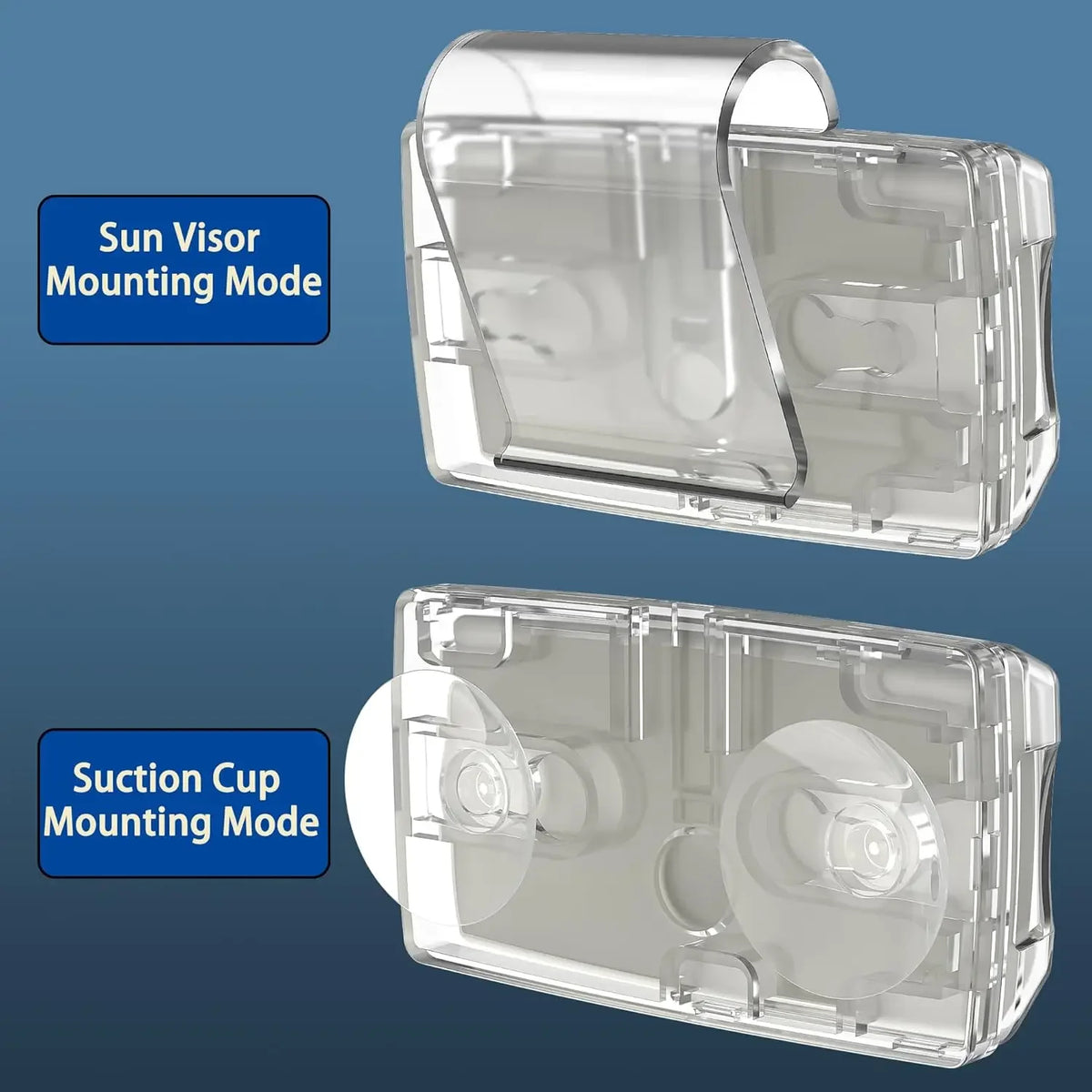 Clear plastic EZ-Pass holder shown in two mounting modes: Sun Visor and Suction Cup.