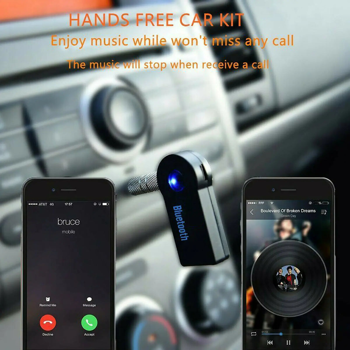 A hands free car kit with a Bluetooth adapter is shown next to a smartphone, demonstrating music playback.