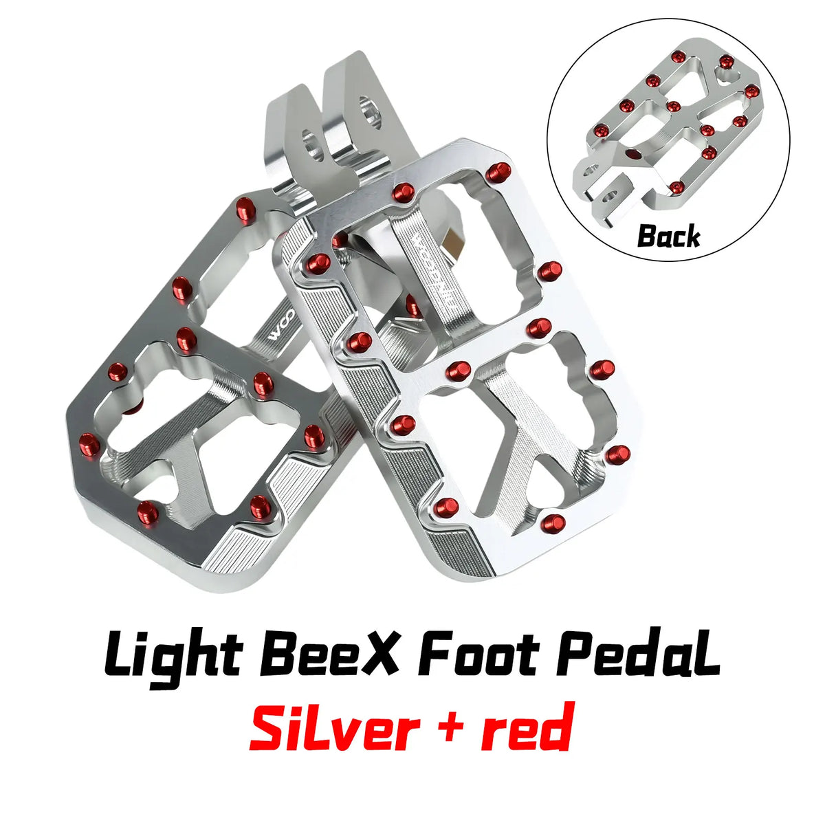 Silver and red Light BeeX foot pedal replacement pegs for e-bike and motorcycle accessories