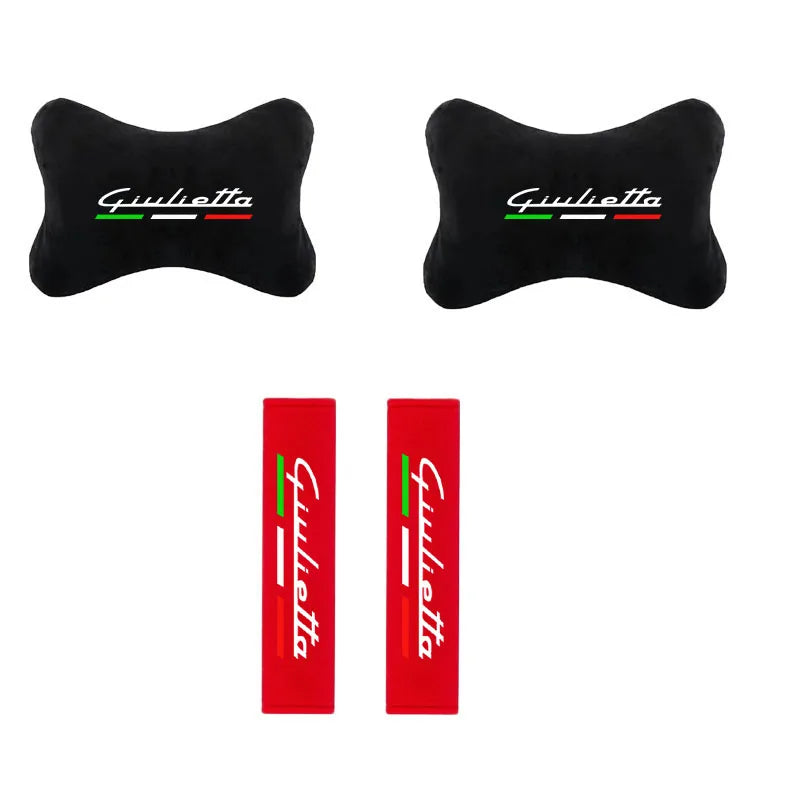 Black and red car seat belt shoulder cushions with the Giulietta logo