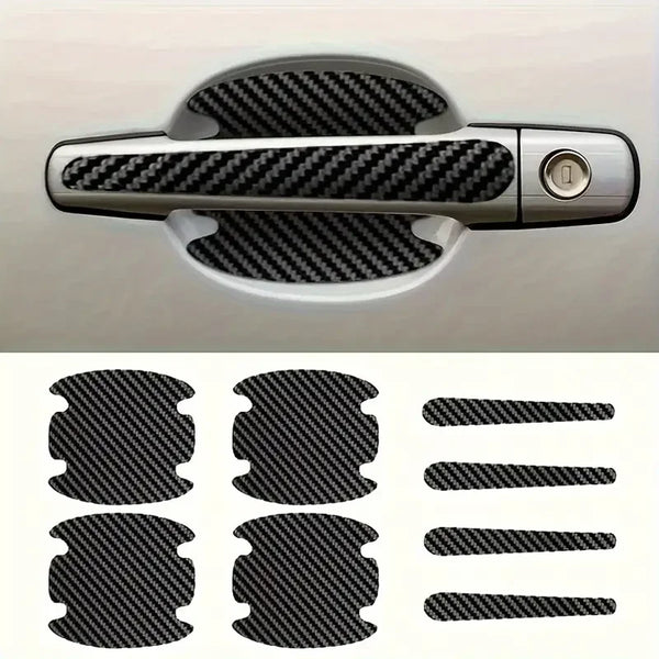 A set of black and gray scratch-proof door handle protection film decals for automotive use.
