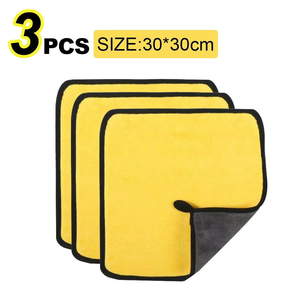 Three yellow microfiber car washing towels, size 30x30cm, shown stacked.