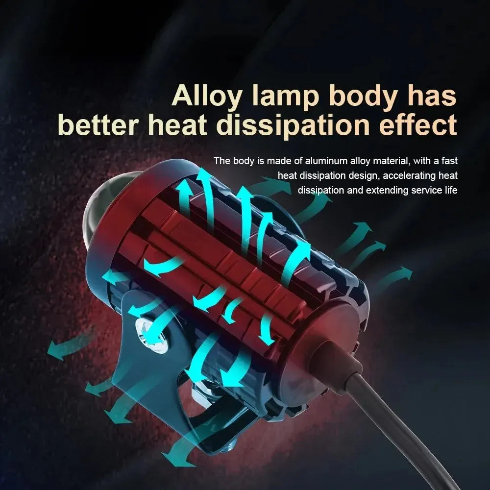 Close-up of an alloy lamp body demonstrating heat dissipation design for a motorcycle or ATV headlight.