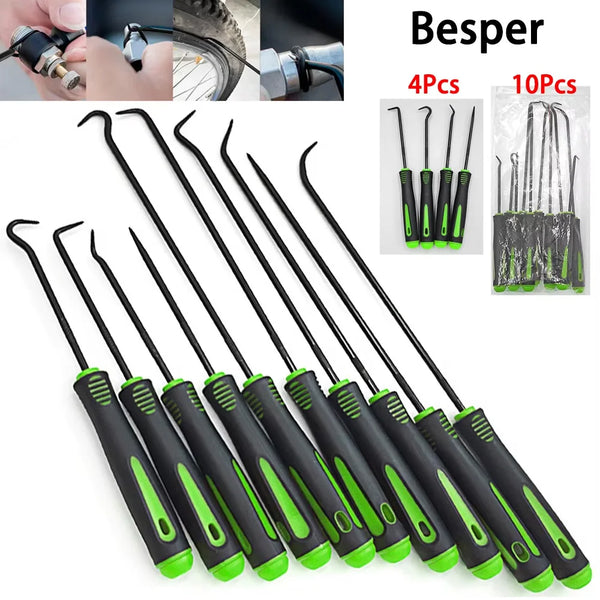 A set of precision oil seal and O-ring removal hooks in black and green for various applications.