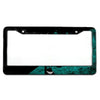 Black license plate frame with a distressed teal graphic design.